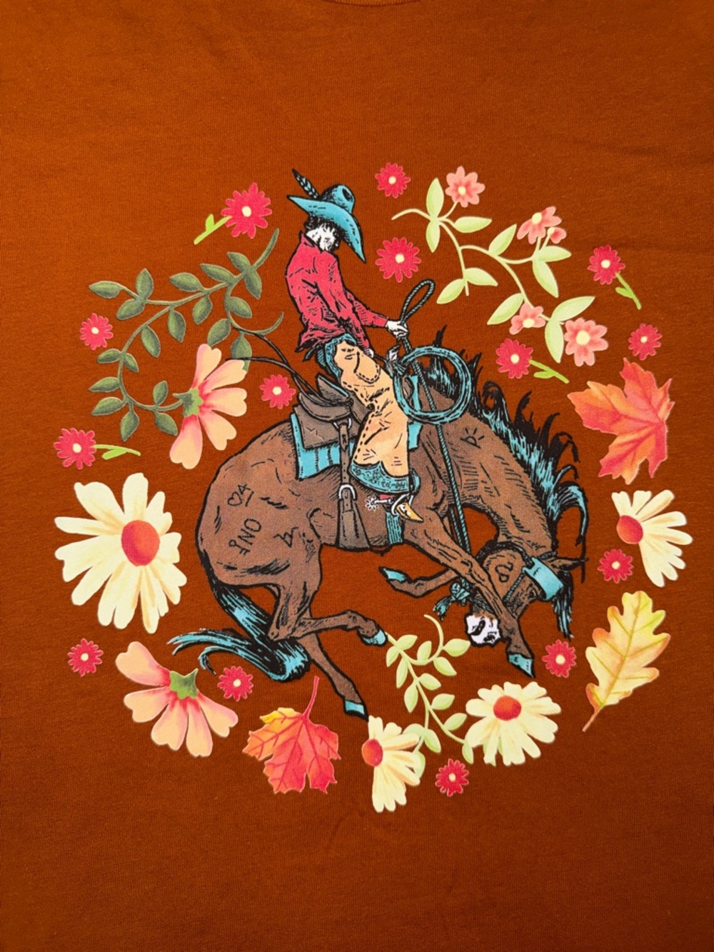 Women's Rust Orange Floral Rodeo Graphic Tee - Casual Short Sleeve NWOT - Picture 3 of 4